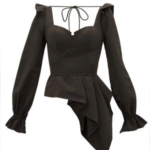 Self-Portrait Black Asymmetric Ruffle Long-Sleeve Bustier Top